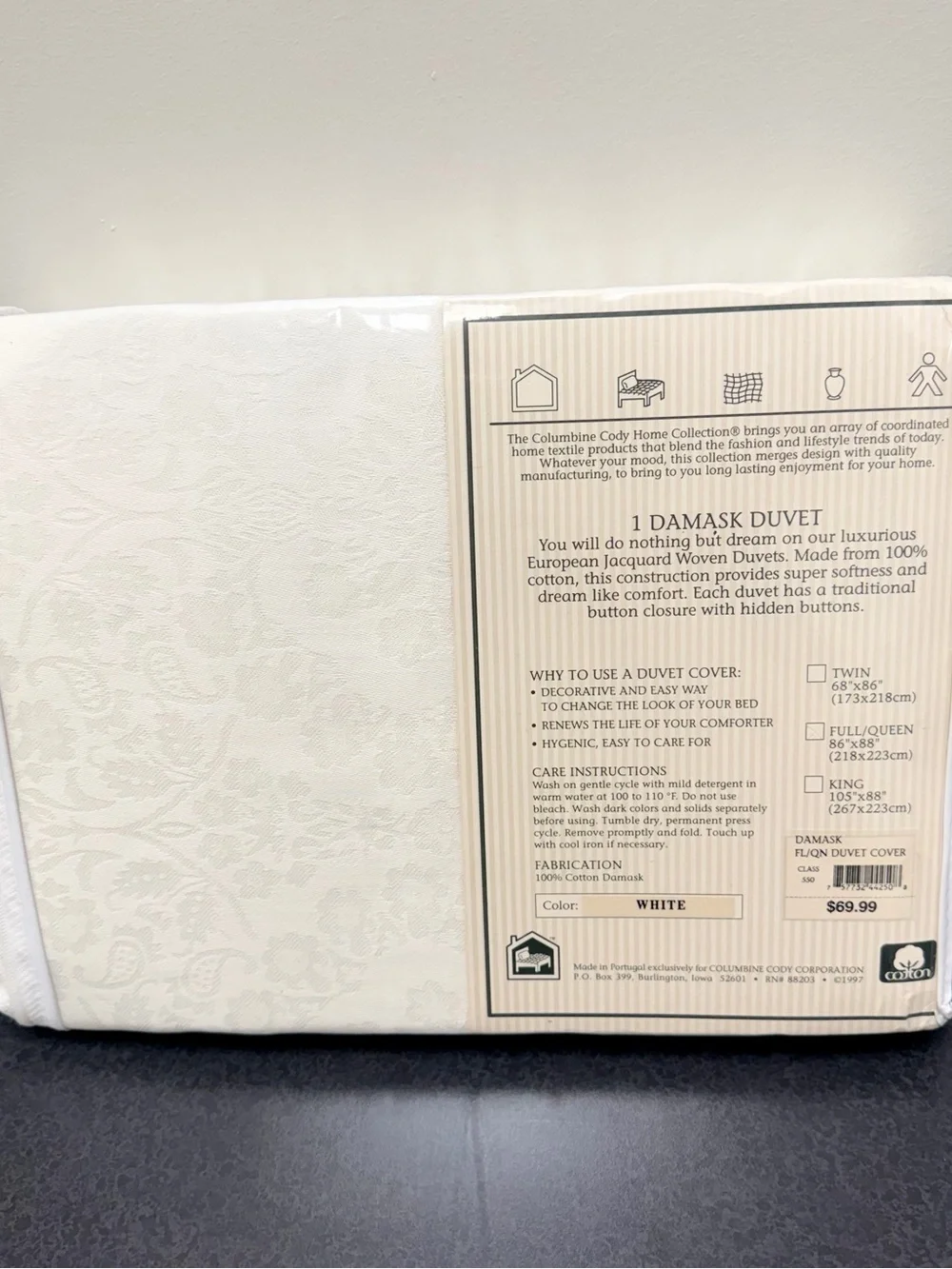 VTG 1997 Columbine Cody White Damask Duvet Cover Full Queen Jacquard Cottagecore